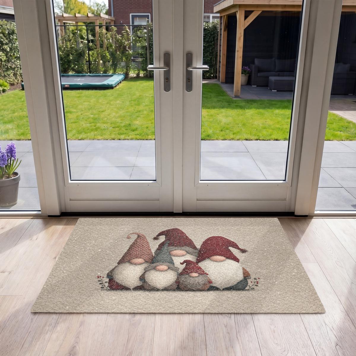 FUSSMATTE Wichtel - Weihnachten - Schnee - Zipfelmützen Türmatte 120x80 cm - Beige, Kunststoff (120/0.4cm) - MuchoWow