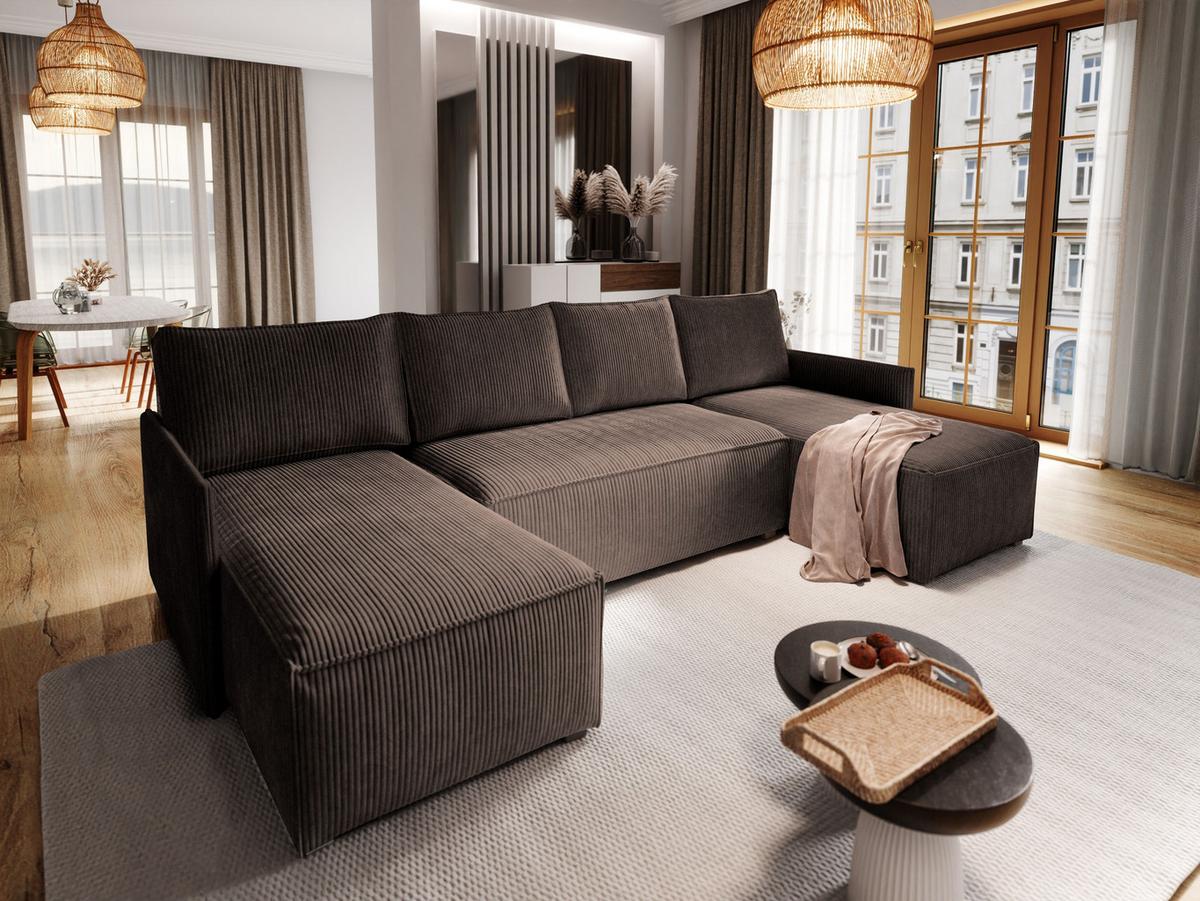 WOHNLANDSCHAFT TRES Braun Kordstoff mit Schlaffunktion - Braun/Grau, Holz/Kunststoff (271/85/140cm) - MASSENO