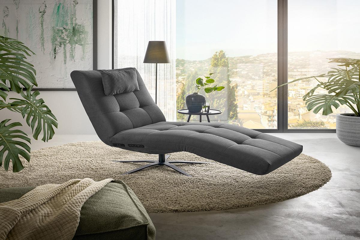 RELAXLIEGE LETICIA Anthrazit Cord Drehbar (360°), Relaxfunktion - Anthrazit/Schwarz, Textil/Metall (82/115/156cm) - KAWOLA