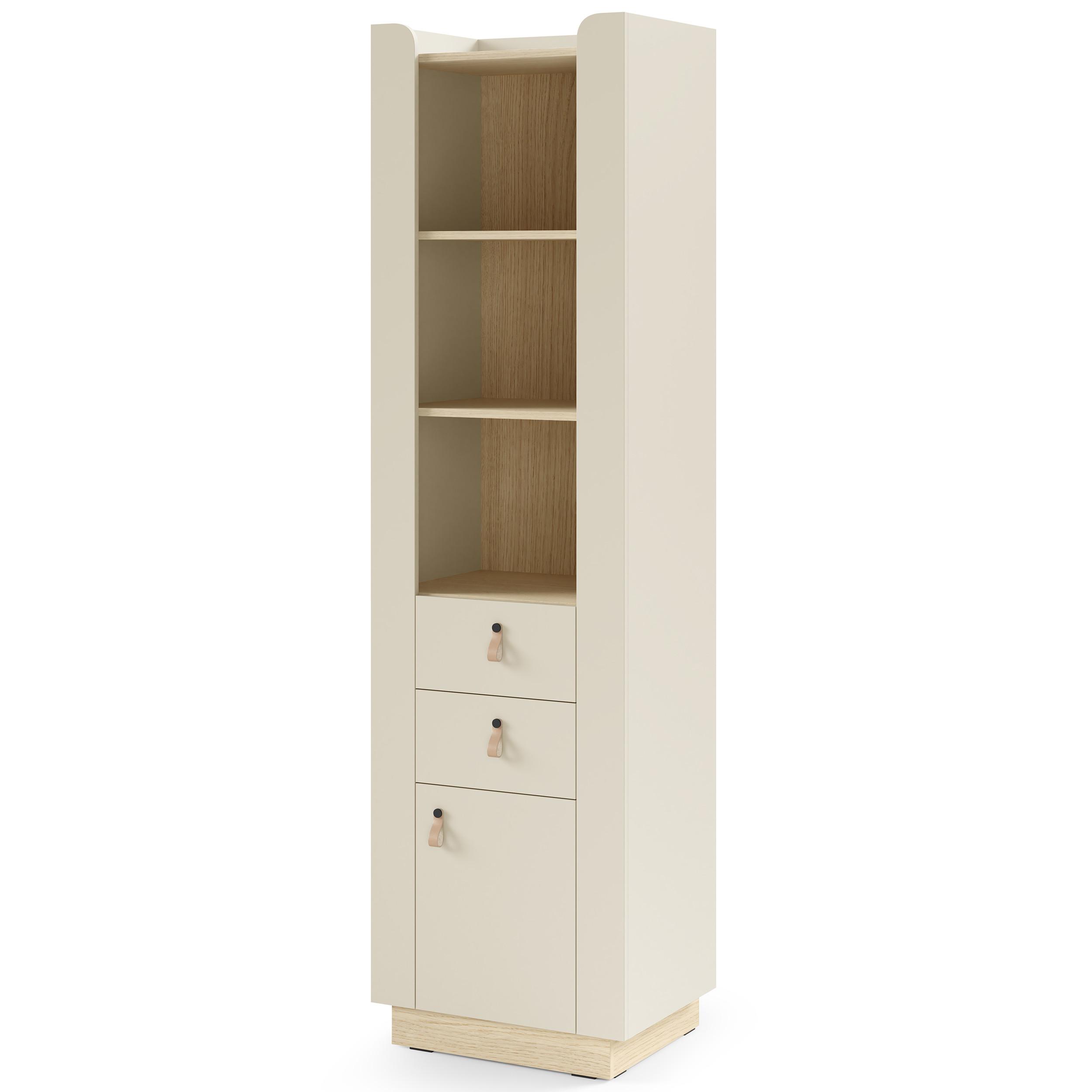 BÜCHERREGAL Sorella mit 1 Tür, 2 Schubladen und offenen Regalböden, Macadamia + Eiche Mavelie - Eichefarben/Beige, Leder/Holzwerkstoff (55/201/52cm) - Beautysofa