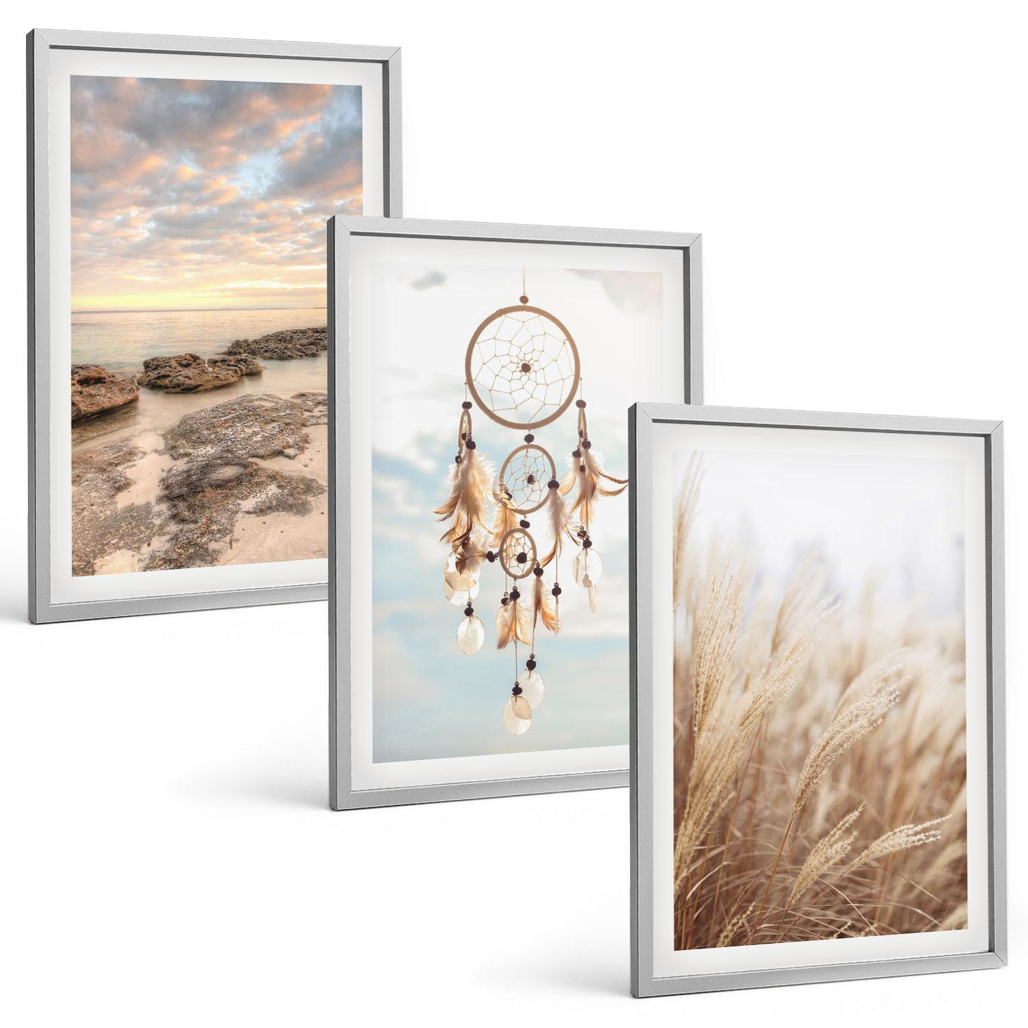 BILDER SET 3er Set - 40x60 cm Silberner Rahmen - Wolkenmeer, Traumfänger, Gras - Silberfarben, Kunststoff (40/60cm) - TULUP