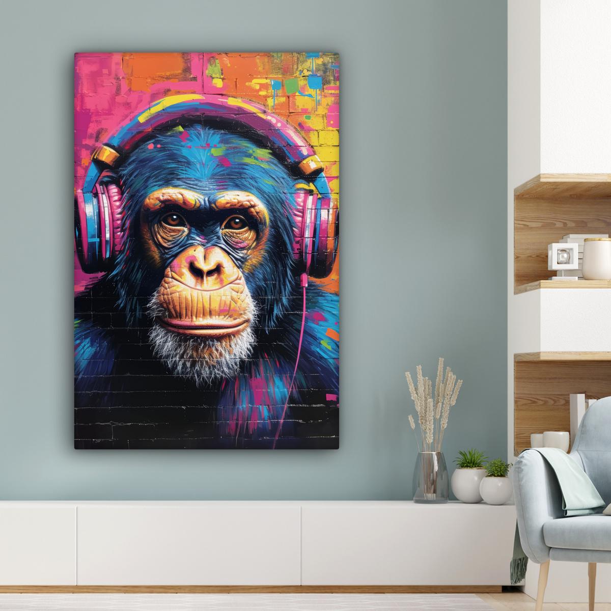 LEINWANDBILD Graffiti - Schimpanse - Straßenkunst - Kopfhörer - Affe Deko XXL 80x120 cm - Blau, Textil (80/120cm) - MuchoWow