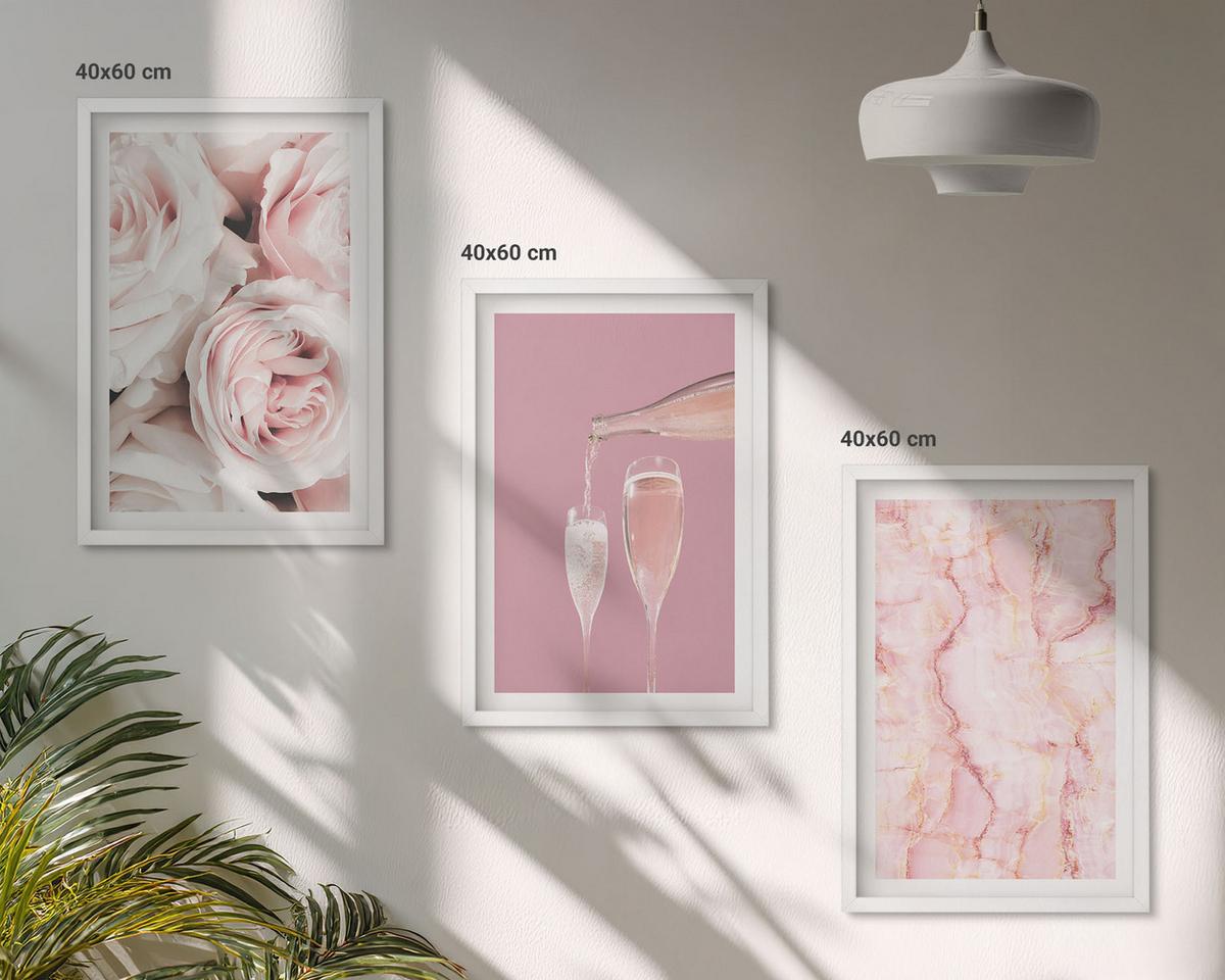 BILDER SET 3er Set - 40x60 cm Weißer Rahmen - Champagnerfarbene Rosen, Marmorhintergrund - Weiß, Kunststoff (40/60cm) - TULUP