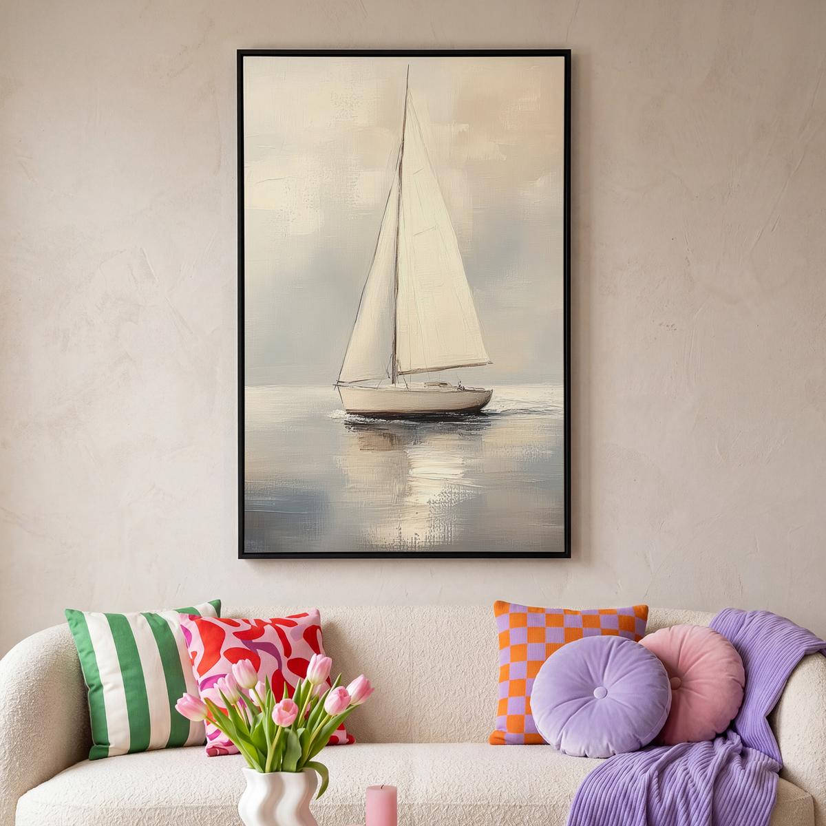 LEINWAND Bilder mit Rahmen - Segelschiff - Meer - Bewölkt - 100x150 - Creme, Textil (100/150cm) - MuchoWow
