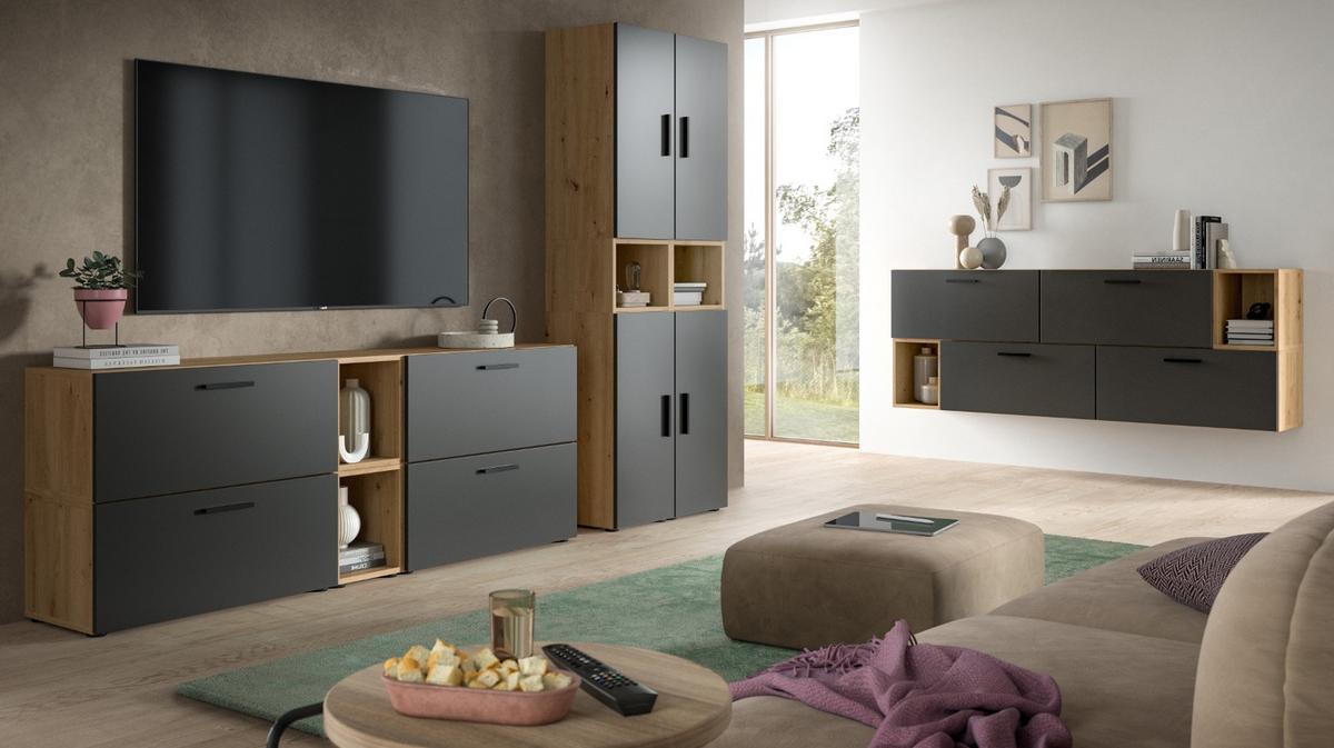 SIDEBOARD grau, Eiche Artisan 176 cm, Kommode hängend / stehend - Schwarz/Eiche Artisan, Holzwerkstoff/Kunststoff (176/65/34cm) - Inn.Furn