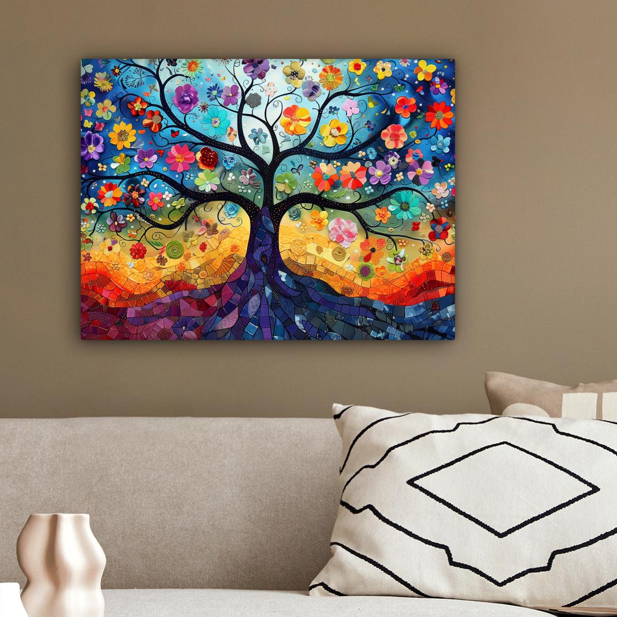 LEINWANDBILD Kunst - Baum des Lebens - Blumen - Hippie Wandbild 40x30 cm - Dunkelblau, Textil (40/30cm) - MuchoWow