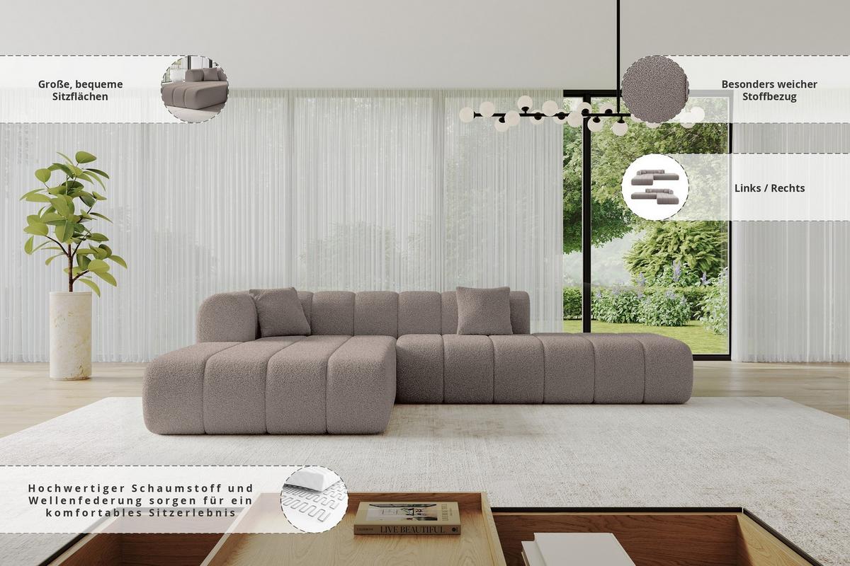 ECKSOFA Ottomane Links BILA-L 289x176x71 Braun Bouclé - Schwarz/Braun, Holzwerkstoff/Kunststoff (176/289cm) - ALTDECOR