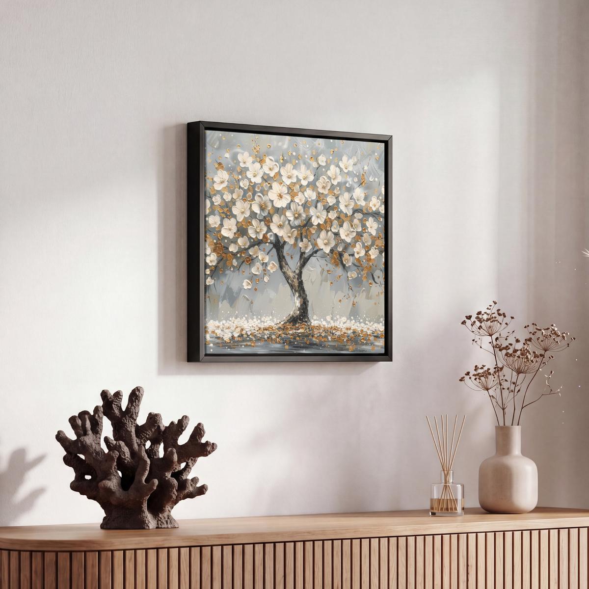 LEINWAND Bilder mit Rahmen - Baum - Blumen - Weiß - Natur - Kunst - 20x20 - Weiß, Textil (20/20cm) - MuchoWow