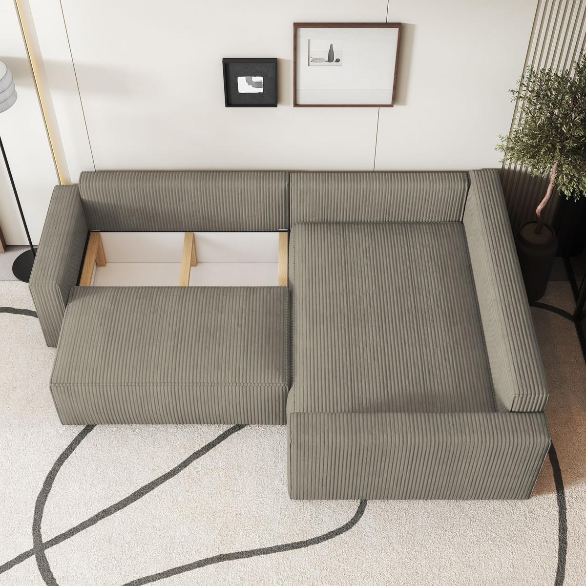 ECKSOFA ERONIS R-S Beige Kordstoff mit Schlaffunktion - Beige, Holz (265/194cm) - MASSENO