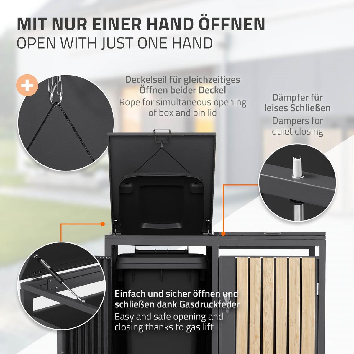 MÜLLTONNENBOX 4er Anthrazit-Holzoptik - Naturfarben, Metall (264/120/80cm) - ML-DESIGN
