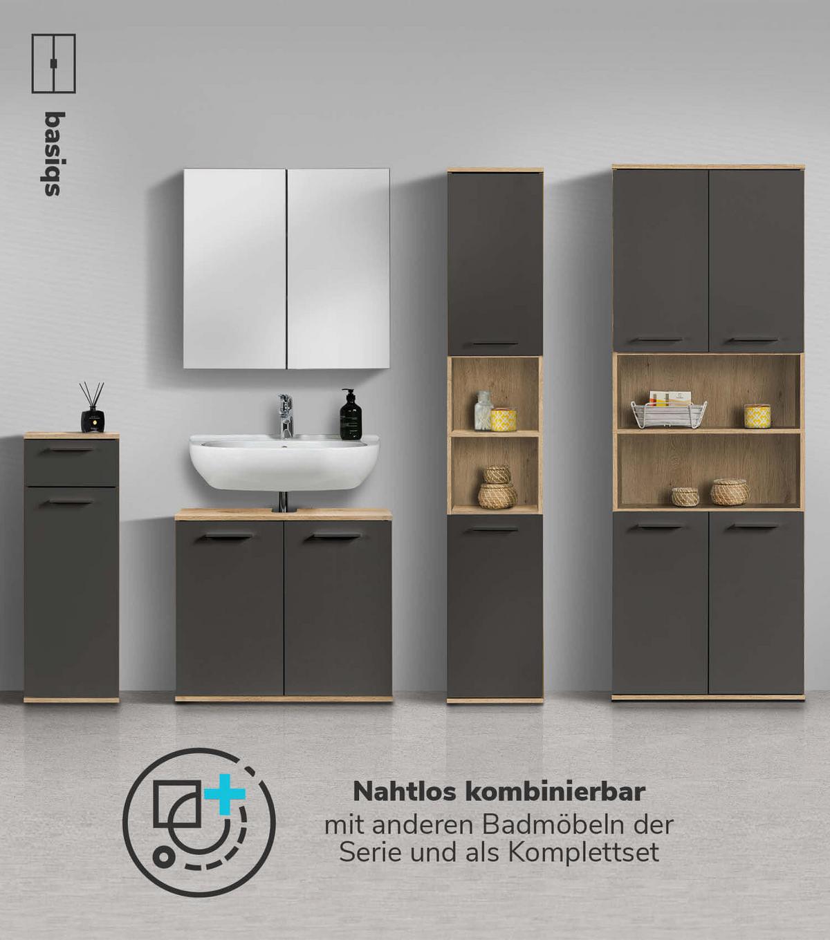 BAD HOCHSCHRANK Der Kapitän - Anthrazit, Holzwerkstoff (65/180/34cm) - Mokebo