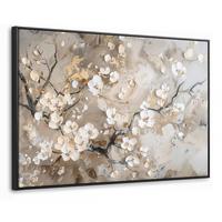 LEINWAND Bilder mit Rahmen - Blumen - Weiß - Gold - Beige - Luxus - 90x60 - Greige, Textil (90/60cm) - MuchoWow