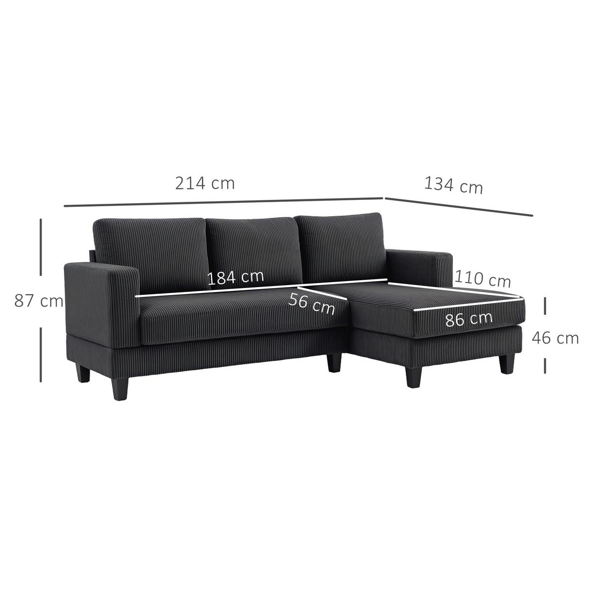 ECKSOFA Couch mit Chaiselongue Sofa L Form Gepolsterte Eckcouch mit Cord-Optik - Dunkelgrau, Kunststoff (134/214cm) - HOMCOM