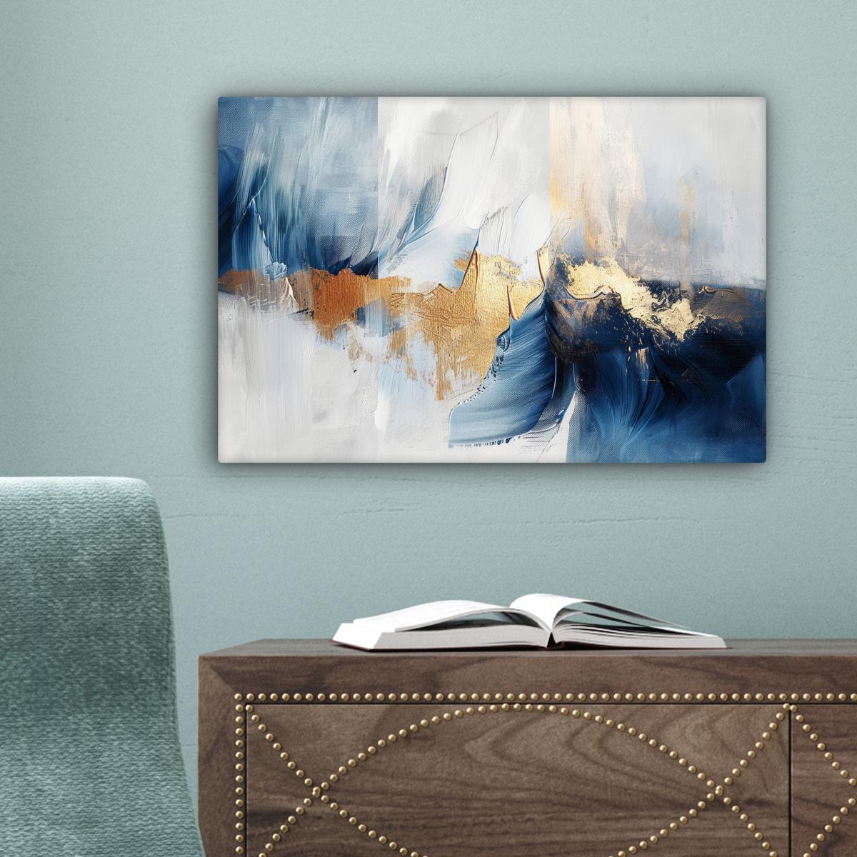 LEINWANDBILD Gold - Blau - Aquarell - Kunst - Modern Deko Schlafzimmer 30x20 cm - Hellblau, Textil (30/20cm) - MuchoWow