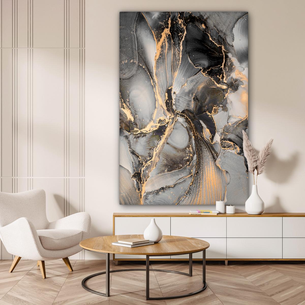 LEINWANDBILD Grau - Luxus - Gold - Marmor Deko Groß 90x140 cm - Dunkelgrau, Textil (90/140cm) - MuchoWow
