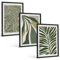 BILDER SET 3er Set - 40x60 cm Schwarzer Rahmen - Blätter mit wellenförmigen grünen Linien - Schwarz, Kunststoff (40/60cm) - TULUP