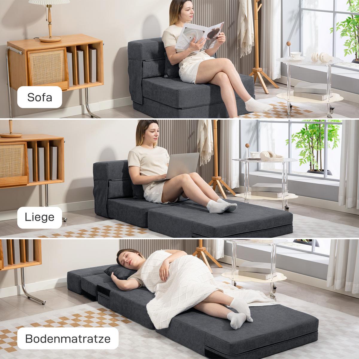 3 in 1 Schlafsessel, klappbares Schlafsofa mit Bettfunktion, Lendenkissen, Grau - Dunkelgrau, Kunststoff (80/15/210cm) - HOMCOM