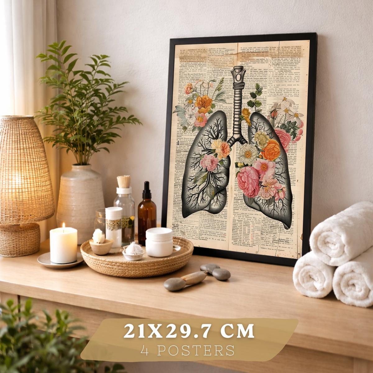 POSTER Set aus 4 Anatomie Drucke und Wandbilder mit Leber Lungen Atmungssystem Skelett Schädel Wirbelsäule Zeitungsstil Größe Schwarzer Rahmen A4 - Schwarz, Papier (21/29.7/3cm) - Nacnic