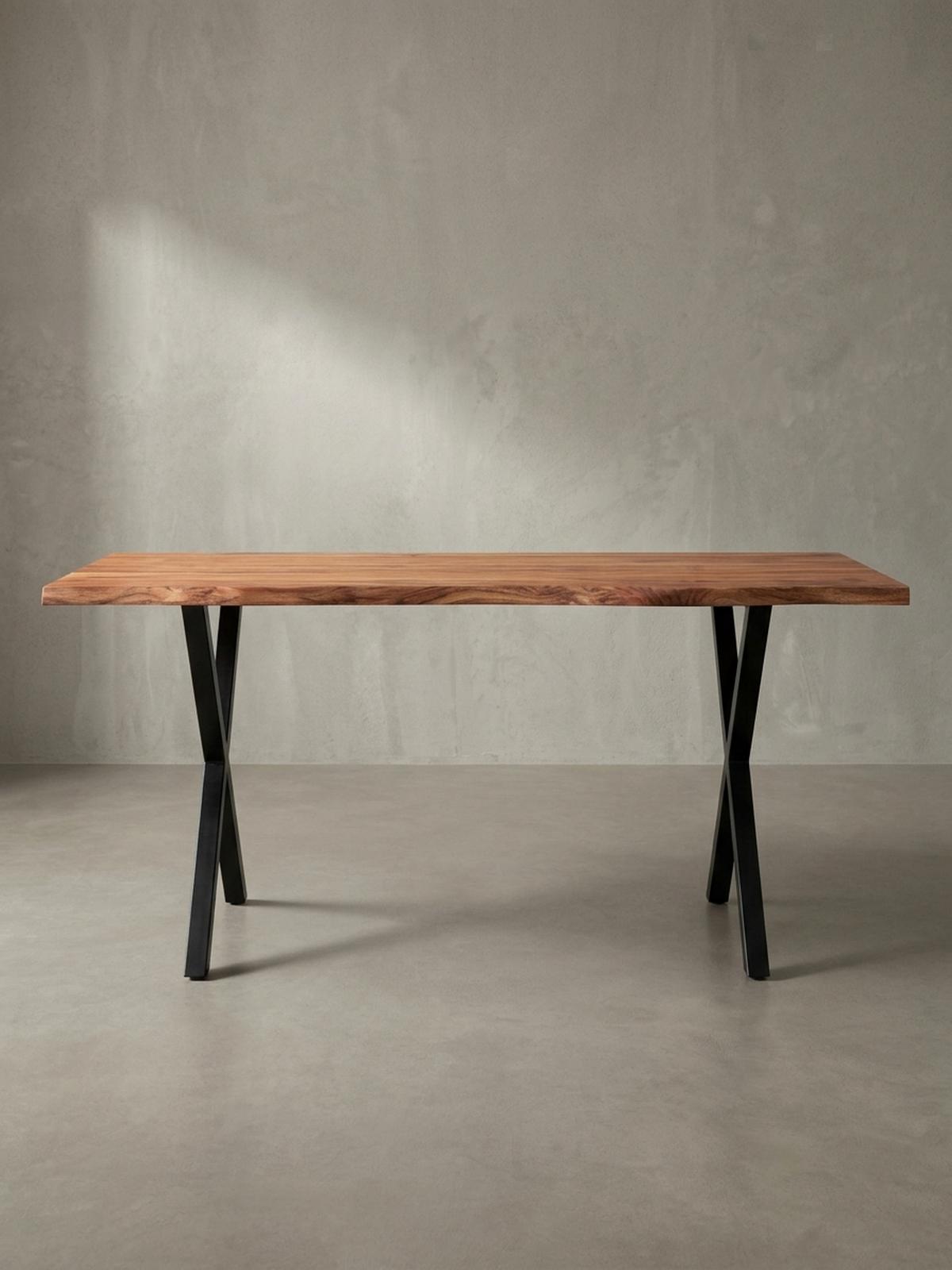 SCHREIBTISCH Massivholz X-Gestell Baumkante Handgefertigt KRETA, Goldbraun-Schwarz 180x90x76 cm - Schwarz/Braun, Holz/Metall (90/180/76cm) - KADIMA DESIGN