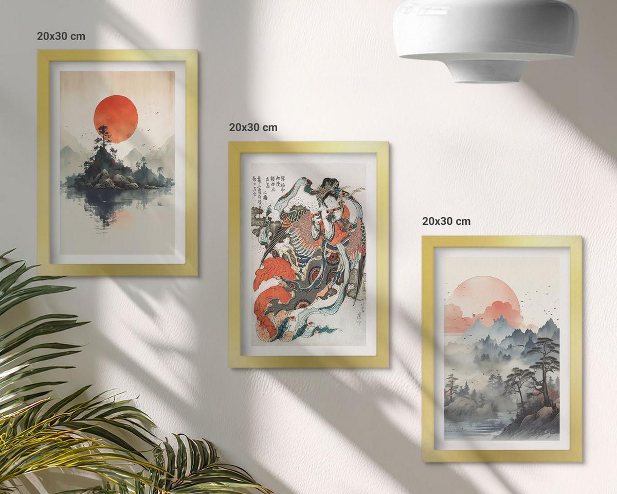 BILDER SET 3er Set - 20x30 cm Goldrahmen - Asiatische Japandi-Malereien - Goldfarben, Kunststoff (20/30cm) - TULUP