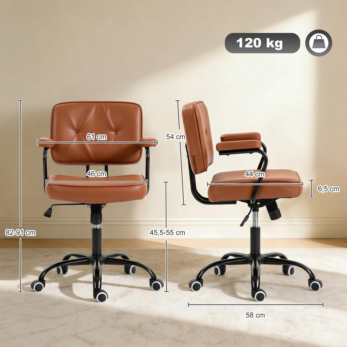 BÜROSTUHL mit Rollen, Drehstuhl, Braun - Braun, Metall (58/91/61cm) - Vinsetto