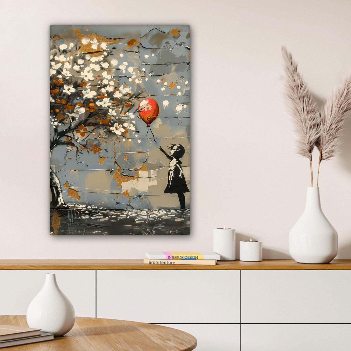 LEINWANDBILD Baum - Graffiti - Banksy-Stil - Ballon-Mädchen Wanddeko 40x60 cm - Blaugrau, Textil (40/60cm) - MuchoWow