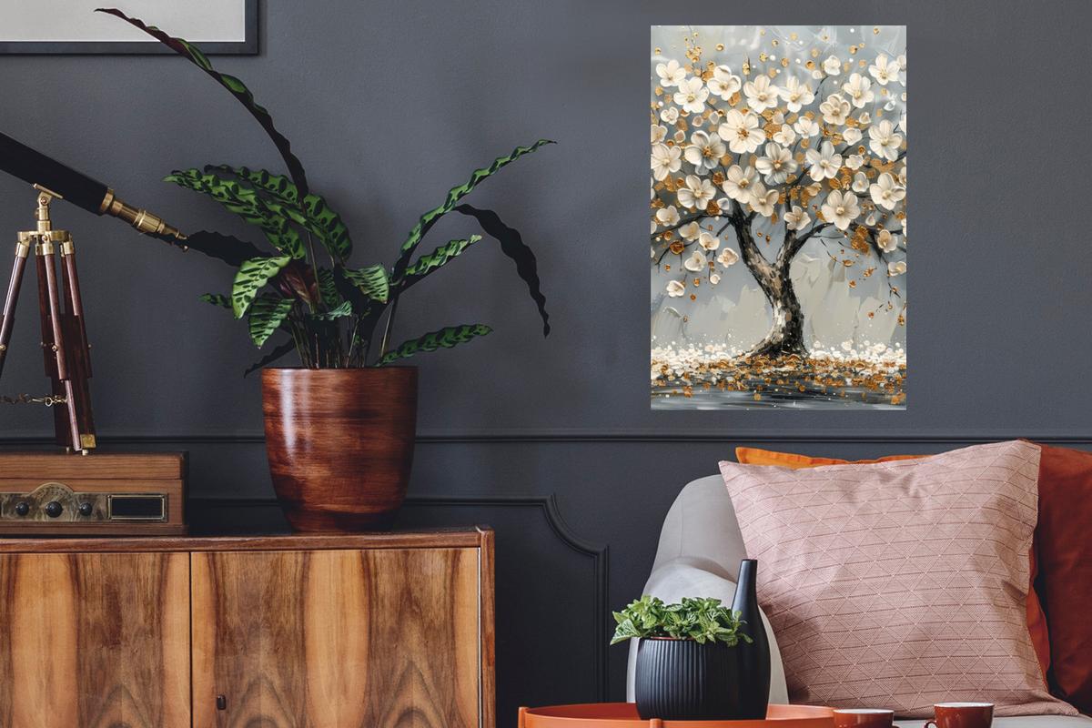 WANDTATTOO Baum - Blumen - Weiß - Natur - Kunst Wandbild 40x60 cm - Weiß, Kunststoff (40/60/0.1cm) - MuchoWow