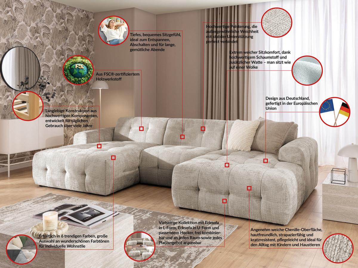 WOHNLANDSCHAFT Kozy im Bumpy-Design mit fester Rückenlehne aus weichem Dunkelbeige Chenille-Stoff - Beige/Schwarz, Holz/Kunststoff (323/79/161cm) - S-Style Möbel