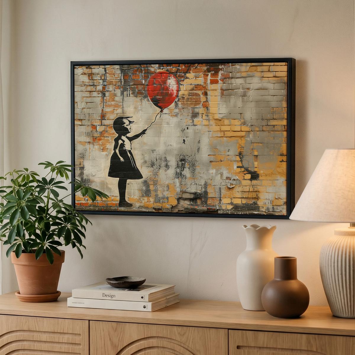LEINWAND Bilder mit Rahmen - Graffiti - Banksy - Mädchen - Straßenkunst - 60x40 - Sandfarben, Textil (60/40cm) - MuchoWow