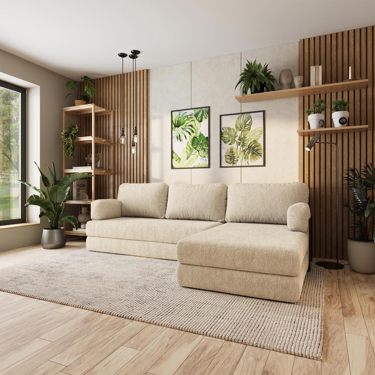 ECKSOFA LEA modulares Boneless Sofa mit Schlaffunktion Creme Boucle-Stoff - Creme, Textil (270/160cm) - MASSENO