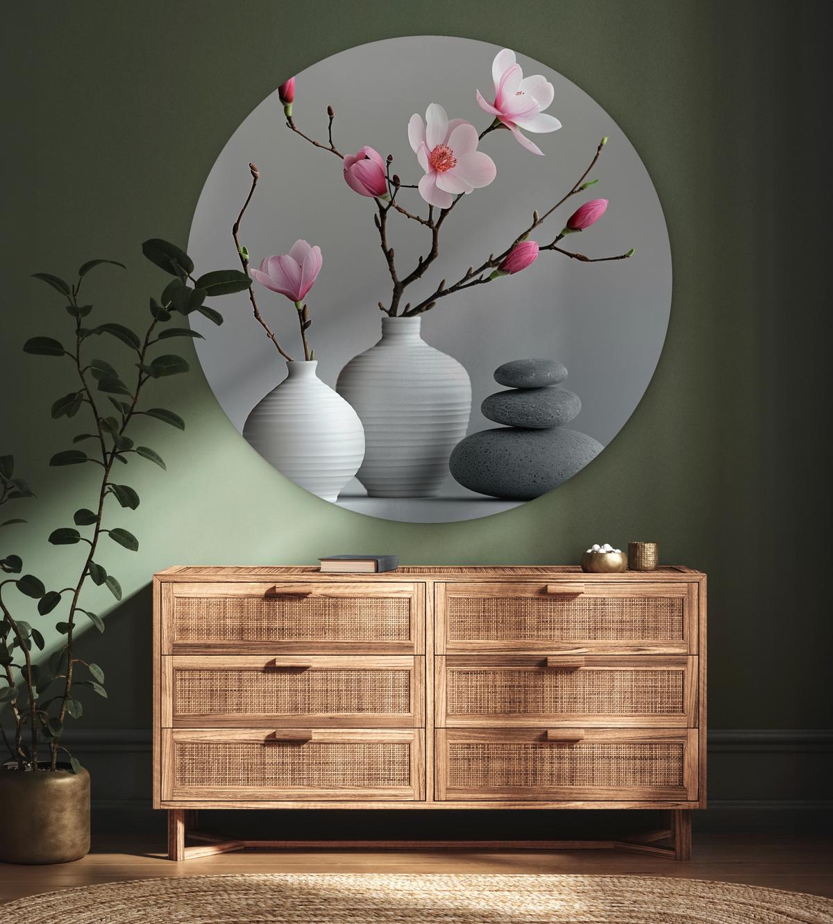 WANDBILD Magnolie - Blumen - Rosa - Zen-Steine Wandbild 120x120 cm - Hellgrau, Kunststoff (120/120cm) - MuchoWow