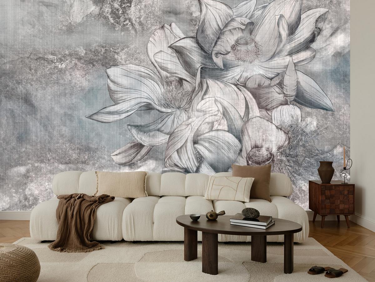 FOTOTAPETE für Wohnzimmer Wunderschöne Blume Betonwand Retro 200x140 - Grau, Papier (200/140cm) - Muralo
