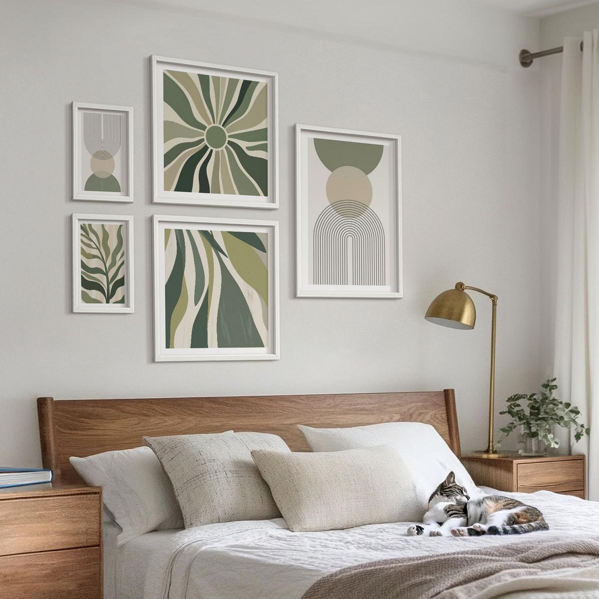 BILDER SET 5er Set - 50x50 cm & 20x30 cm & 40x60 cm Weißer Rahmen - Bemalte Blätter mit Grün - Weiß, Kunststoff (40/60cm) - TULUP