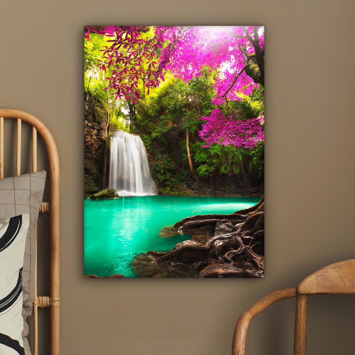 LEINWANDBILD Wasserfall mit bunten Blumen und Bäumen - Natur - Dschungel Wandbild Wohnzimmer 60x80 cm - Waldgrün, Textil (60/80cm) - MuchoWow
