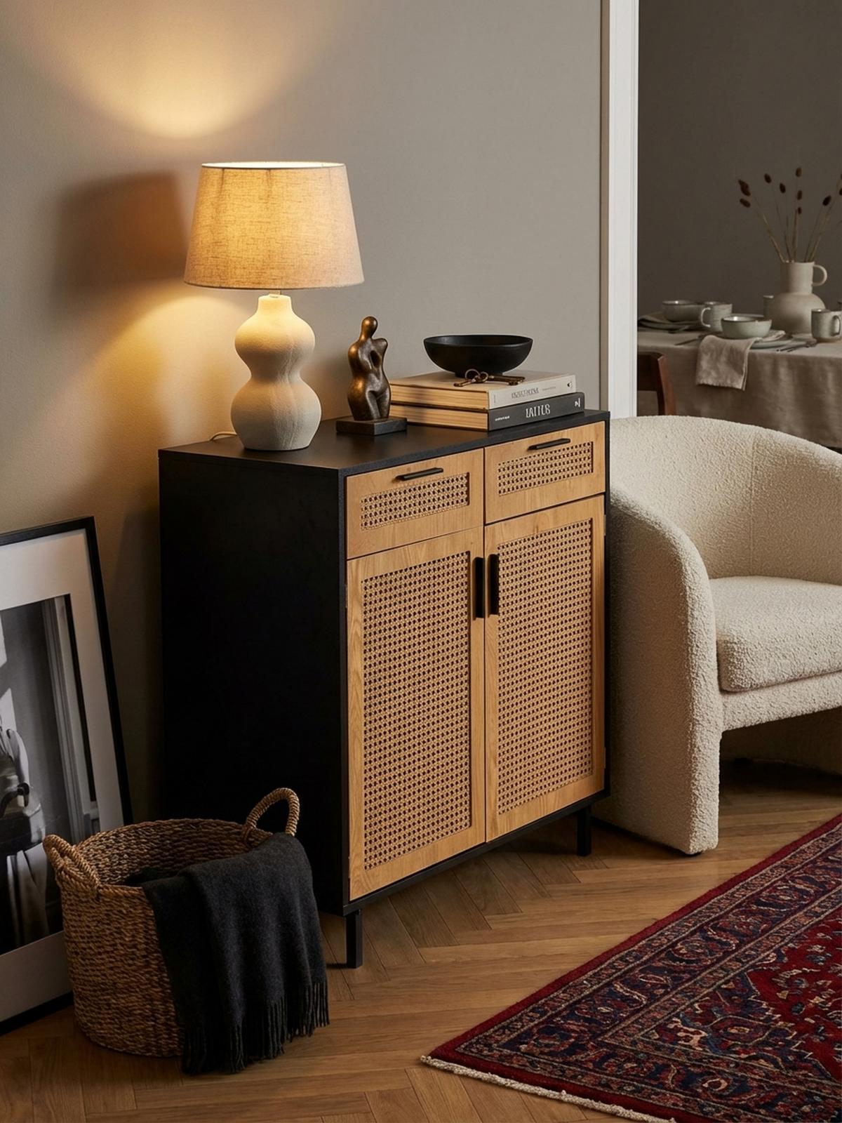 SIDEBOARD – Schwarz, 80x86,5x40 cm, mit Wiener Geflecht, 2 Türen, Schubladen, hoch - Schwarz, Holzwerkstoff/Metall (80/87/40cm) - KADIMA DESIGN