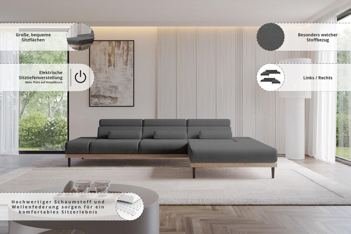 ELEKTRISCHES ECKSOFA Rechts MONA 316x205x85 Dunkelgrau Velours - Anthrazit, Holzwerkstoff/Textil (316/205cm) - ALTDECOR