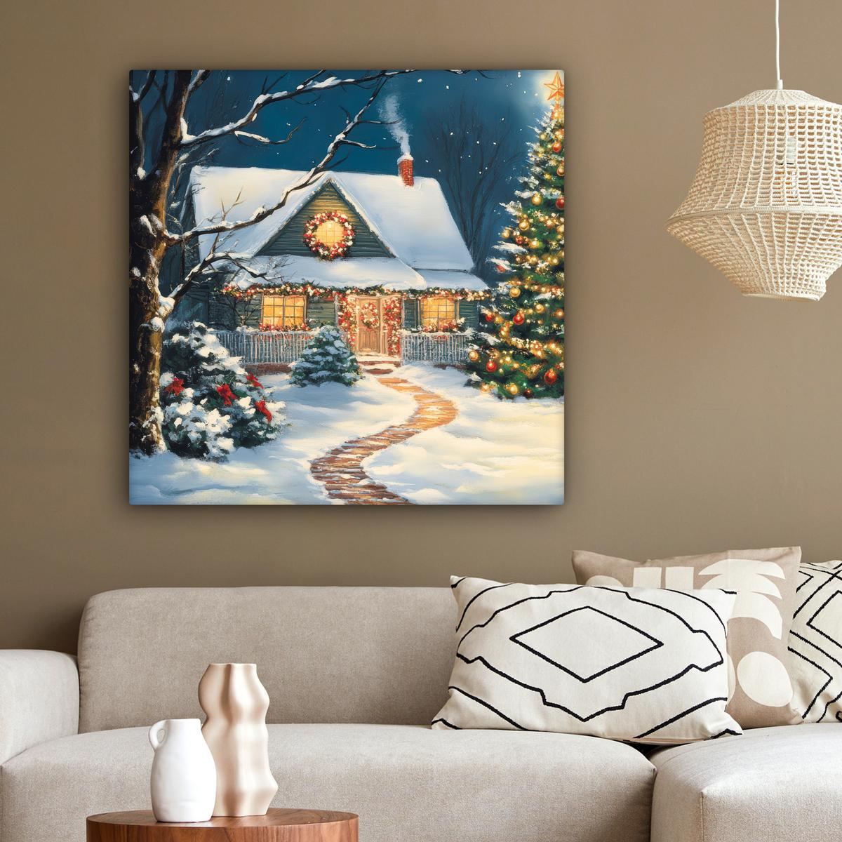 LEINWANDBILD Weihnachten - Weihnachtsbaum - Winter - Zuhause - Schnee Deko Groß 90x90 cm - Smaragdgrün, Textil (90/90cm) - MuchoWow