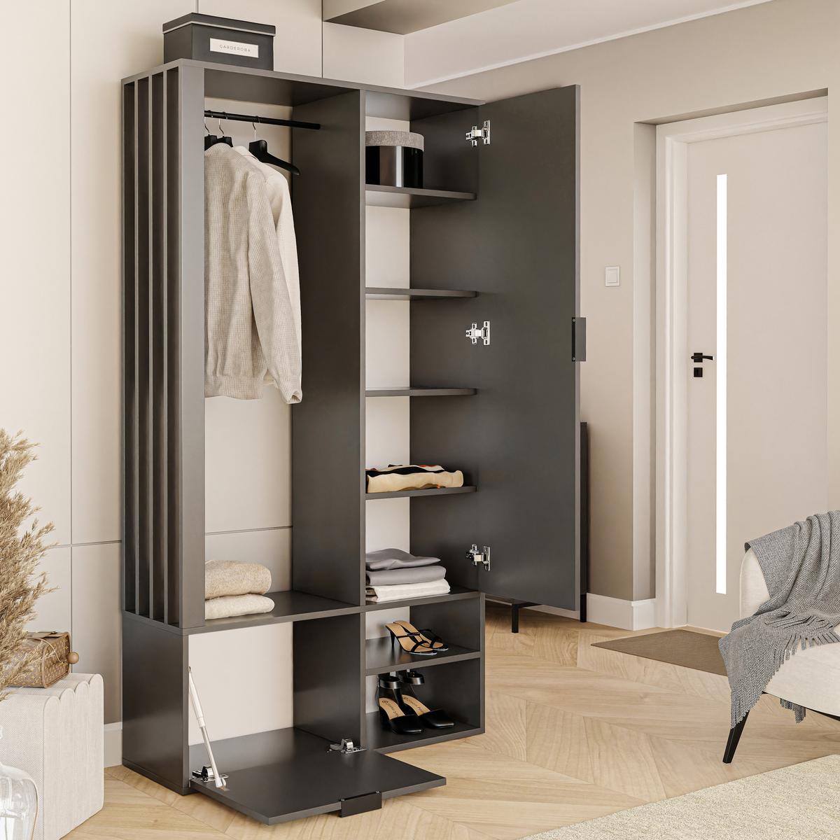 GARDEROBENSCHRANK mit Spiegel-mit Ablagen und Kleiderstange - Grau, Holzwerkstoff (100/190/33cm) - Idohome