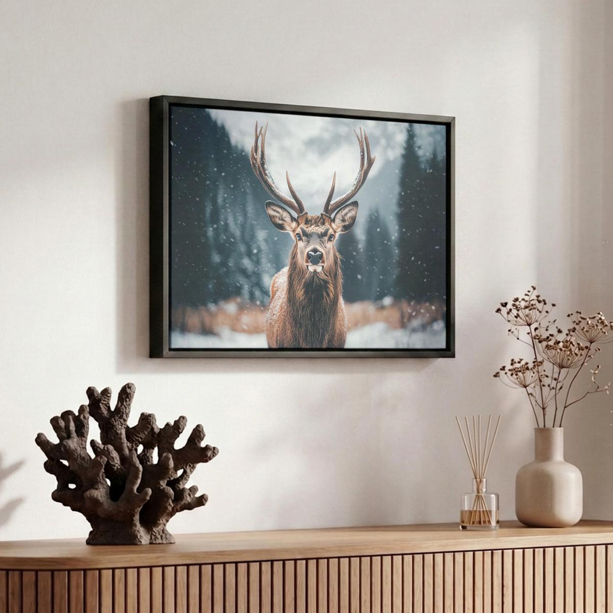 LEINWAND Bilder mit Rahmen - Hirsche - Tiere - Landschaft - Winter - Schnee - 30x20 - Kastanienfarben, Textil (30/20cm) - MuchoWow