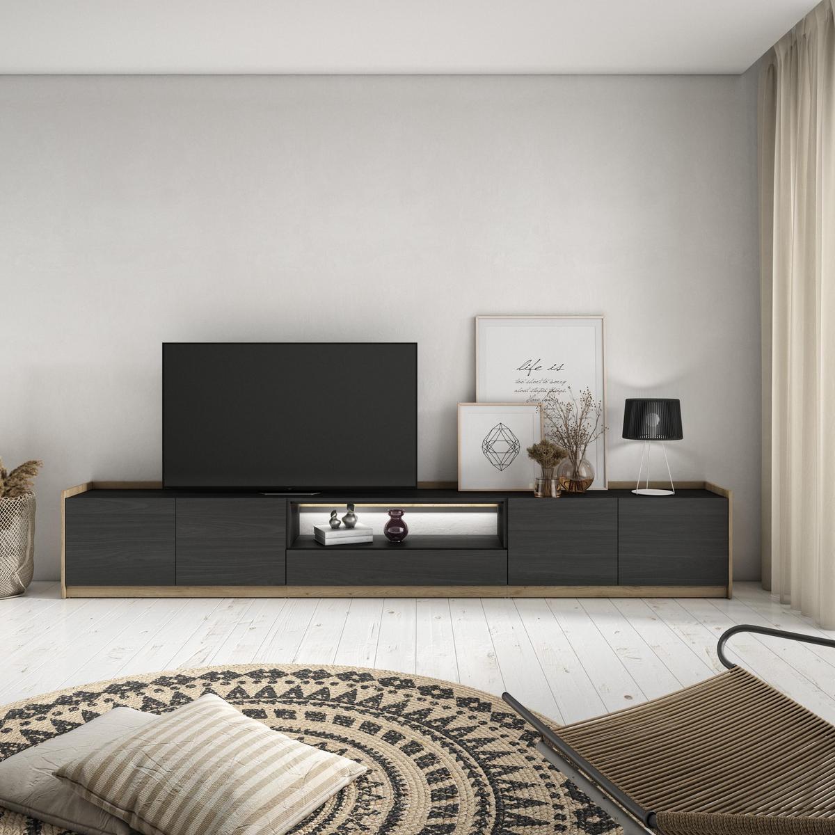 LOWBOARD, Schwarz und Eiche, 310/37/50cm, mit Led - Schwarz, Holzwerkstoff (310/50/37cm) - Skraut Home