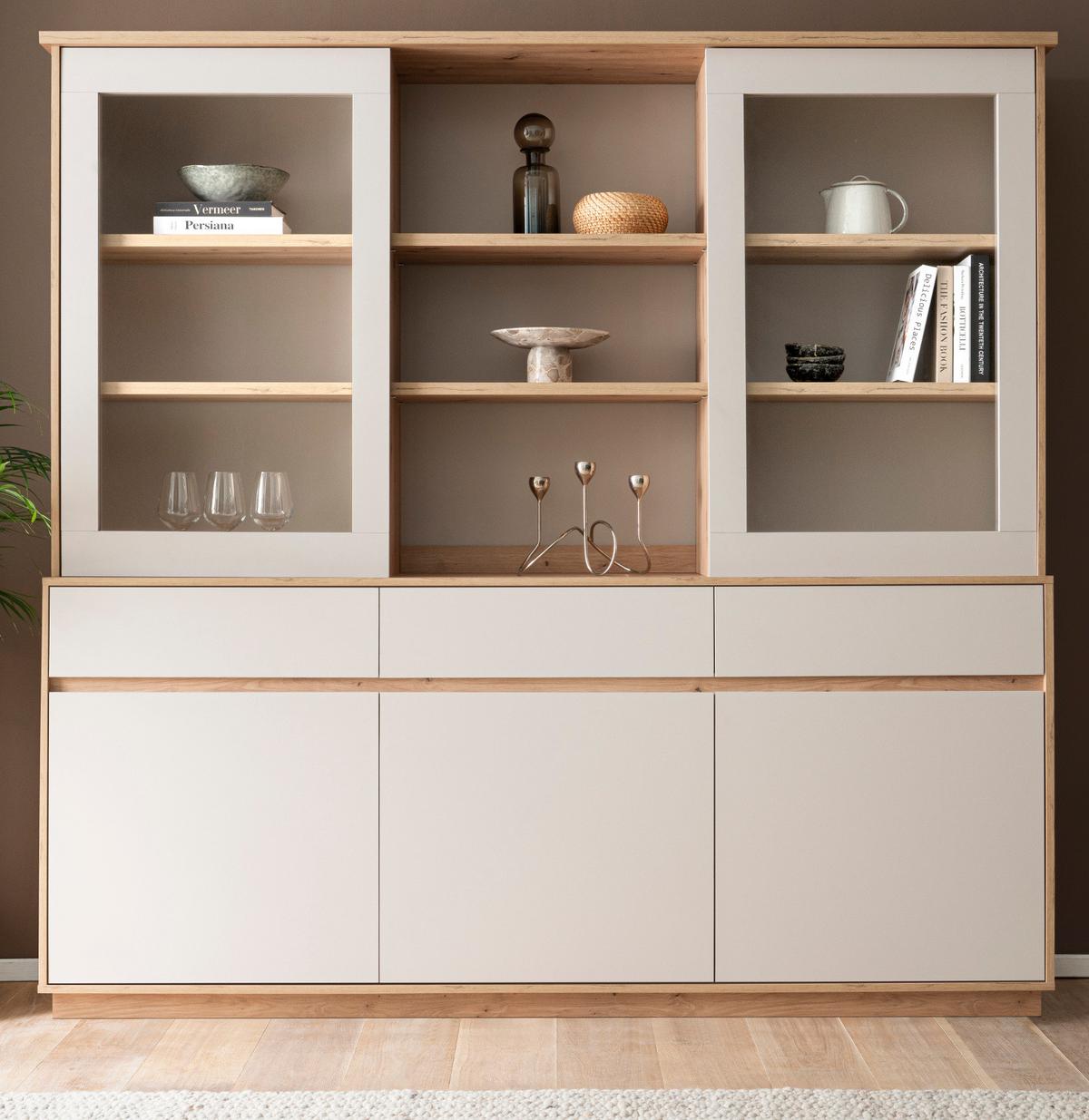 BUFFET Kaschmir, Eiche Artisan 202 x 199 cm, Vitrinenschrank mit Soft-Close - Kaschmir/Eiche Artisan, Glas/Holzwerkstoff (202/199/40cm) - Furn.Design