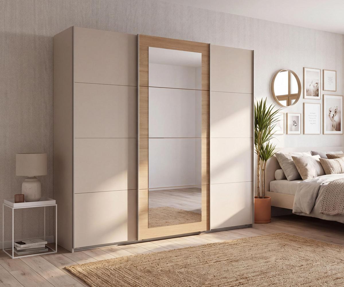 SCHWEBETÜRENSCHRANK 3-türig B225/H208/64 cm Kleiderschrank in Beige Grau, Spiegel umrahmt in Eiche Natur, Griffe Beige Grau / 22625 - Beige/Grau, Holzwerkstoff/Metall (225/208/64cm) - luma-home