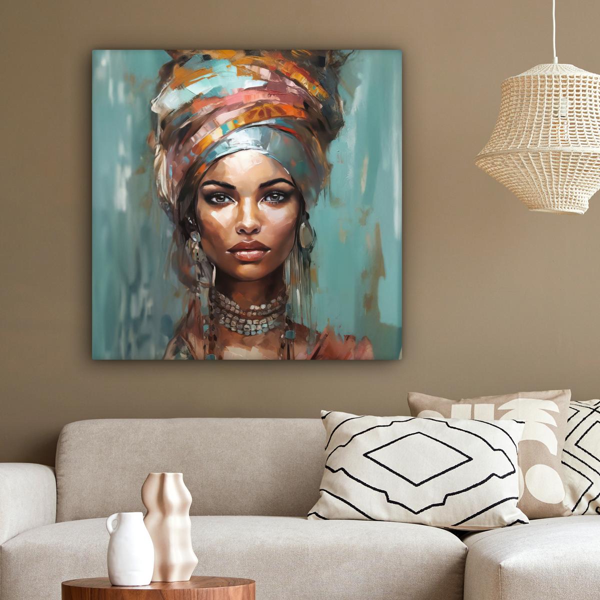 LEINWANDBILD Frau - Kunst - Schmuck - Porträt Deko Groß 90x90 cm - Blaugrau, Textil (90/90cm) - MuchoWow
