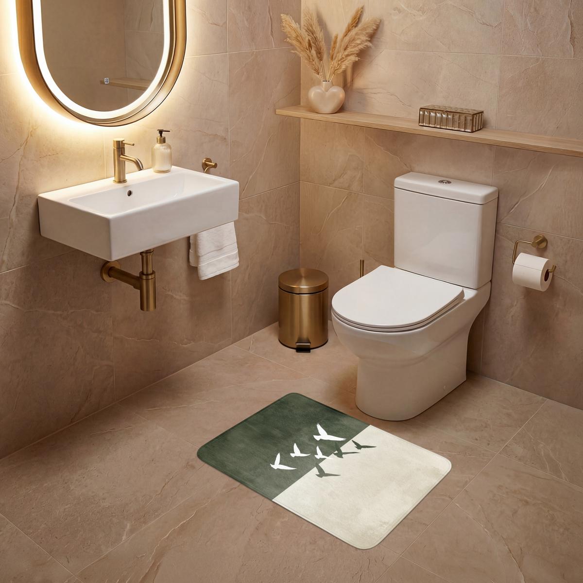 WC-VORLEGER Japandi - Vogel - Grün Toilettenvorleger 60x40 cm - Olivgrün, Textil (60/1cm) - OnlyWow