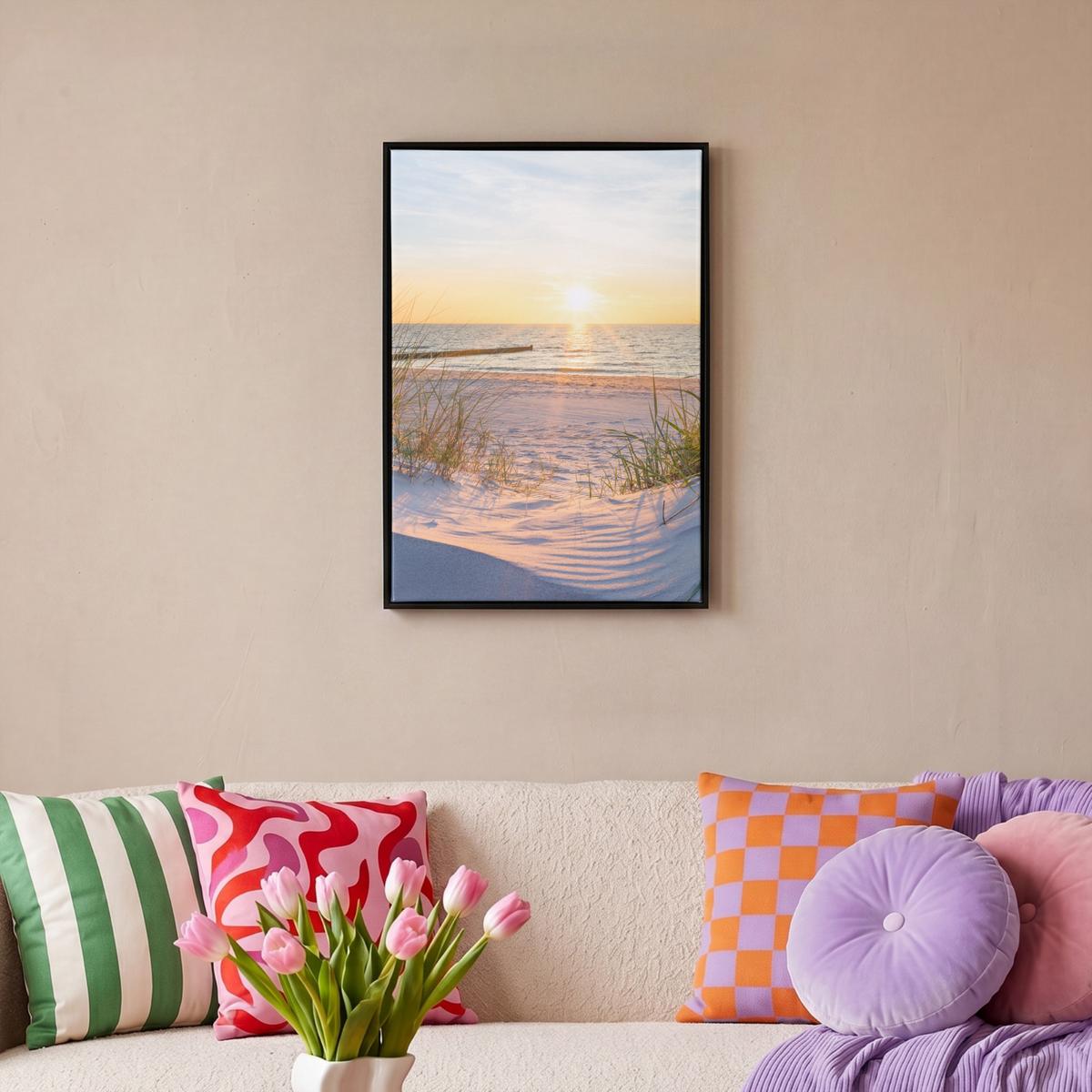 LEINWAND Bilder mit Rahmen - Strand - Sonne - Düne - Gras - Sand - Horizont - 40x60 - Hellblau, Textil (40/60cm) - MuchoWow