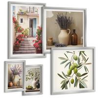 BILDER SET 5er Set - 50x50 cm & 20x30 cm & 40x60 cm Silberner Rahmen - Oliven in Keramikgrau - Silberfarben, Kunststoff (40/60cm) - TULUP