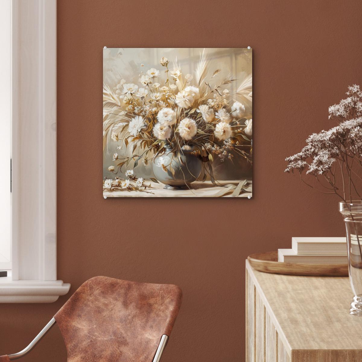 ACRYLGLASBILD Blumen - Vase - Stilleben - Beige 50x50 cm - Creme, Glas (50/50cm) - MuchoWow