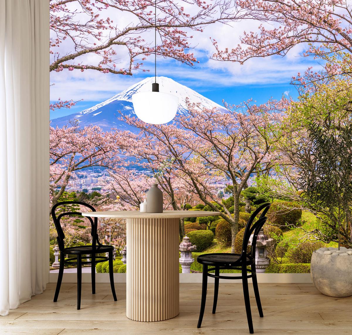 FOTOTAPETE für Wohnzimmer Peace Park Fuji View Kirschblüten 500x350 - Rosa/Braun, Papier (500/350cm) - Muralo