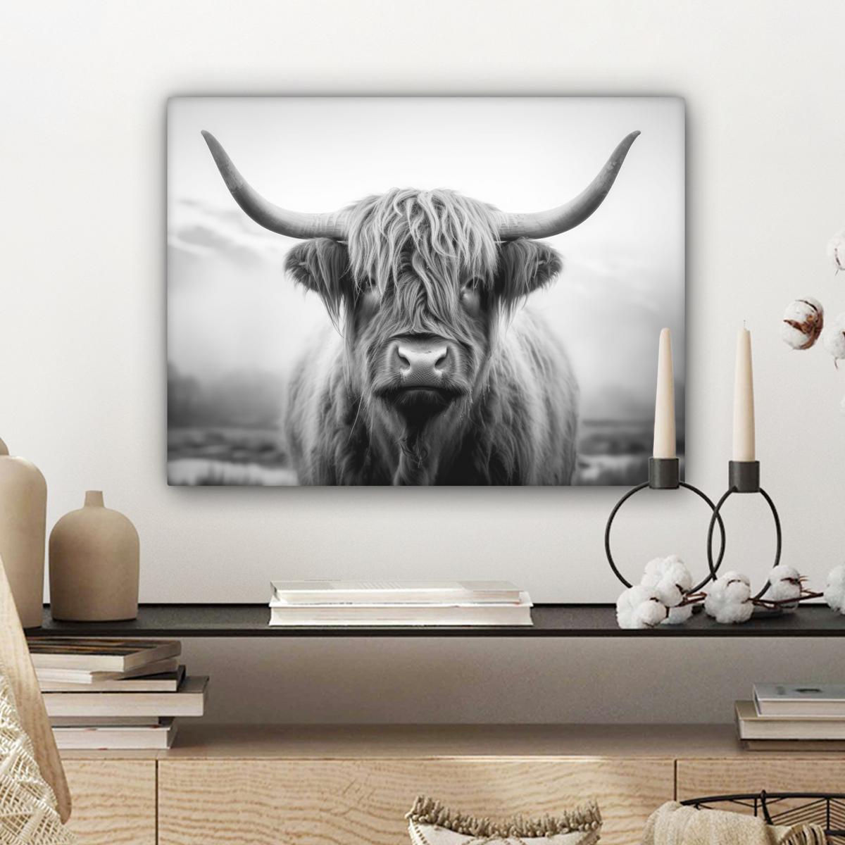 LEINWANDBILD Schottischer Highlander - Nebel - Schwarz - Weiß Wandbild 40x30 cm - Grau, Textil (40/30cm) - MuchoWow