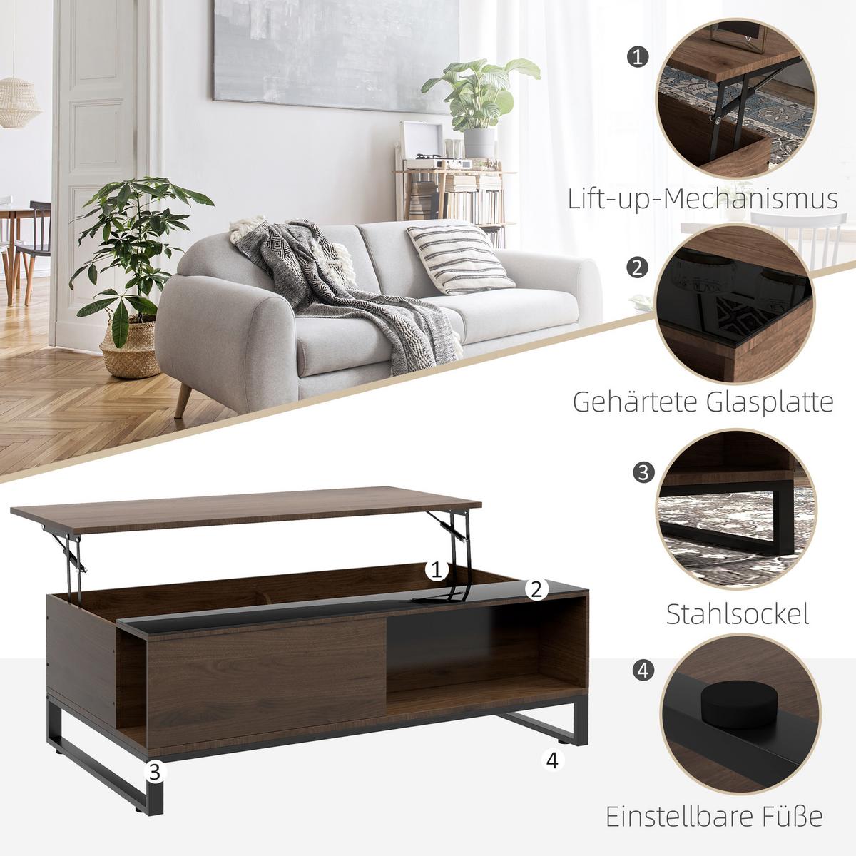 COUCHTISCH, Beistelltisch mit Höhenverstellbarer Platte, Sofatisch mit Stauraum - Walnussfarben, Kunststoff (102/58/35.5cm) - HOMCOM